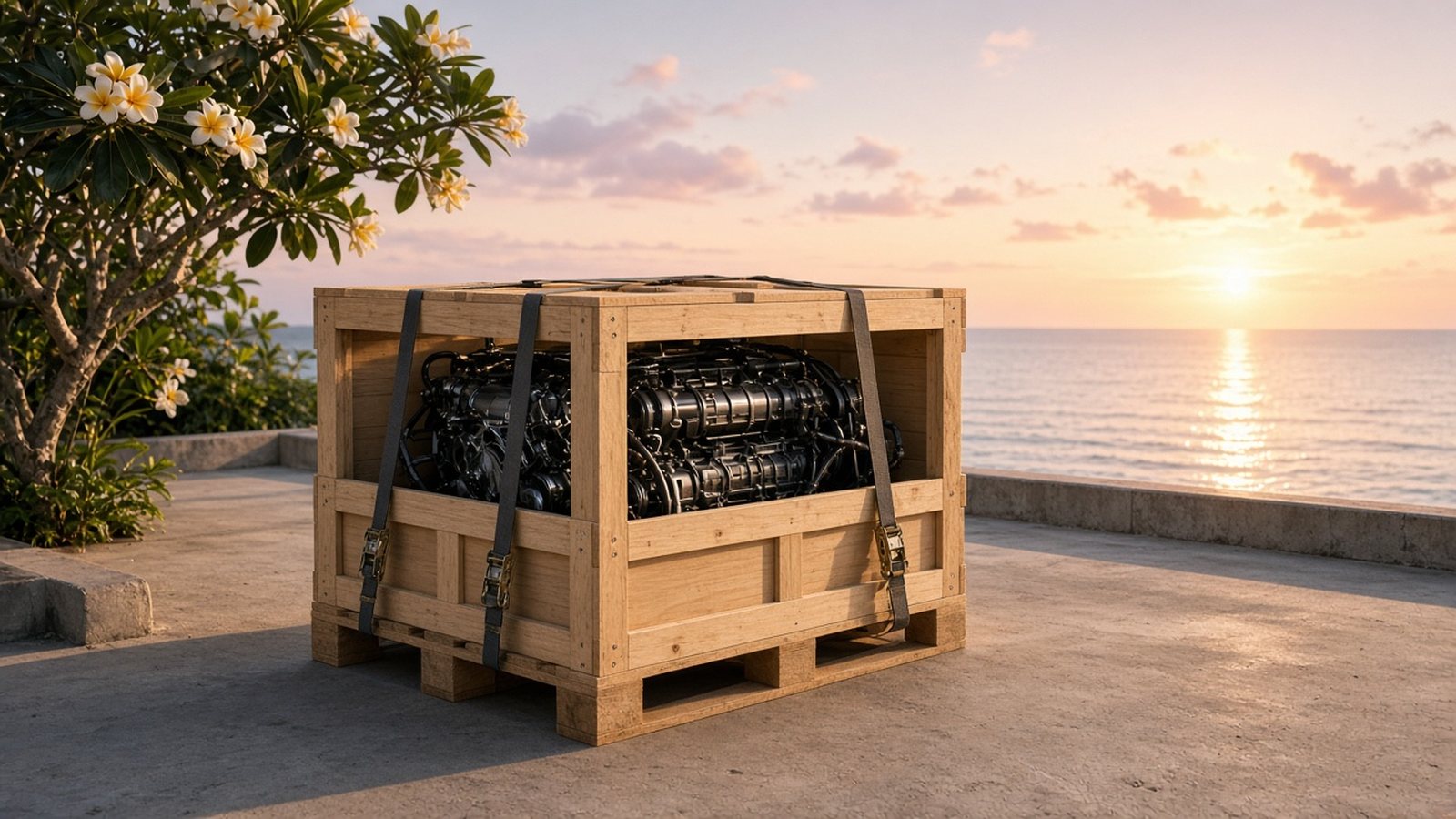 BMW engine in a strong crate, ready for shipping