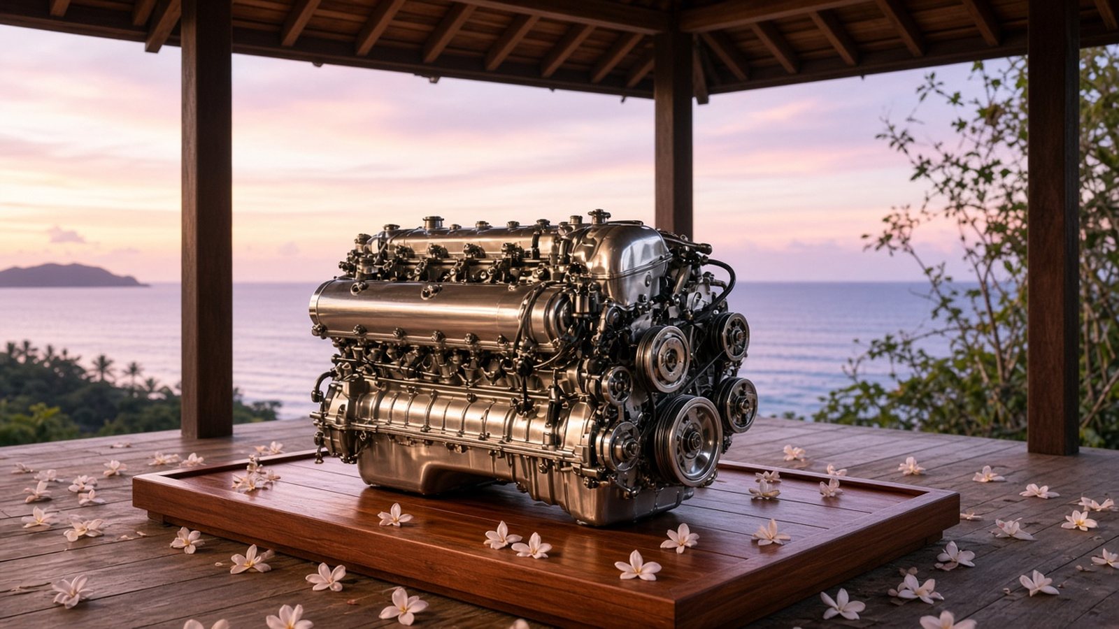 Inline-six on a dark bench