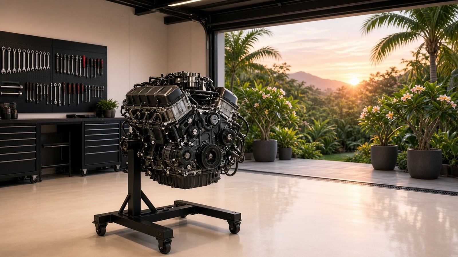 BMW engine on a stand being checked