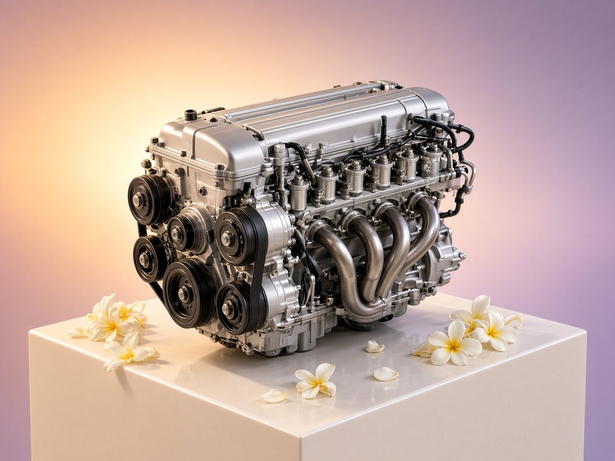 BMW engine on a pearl pedestal with plumeria flowers
